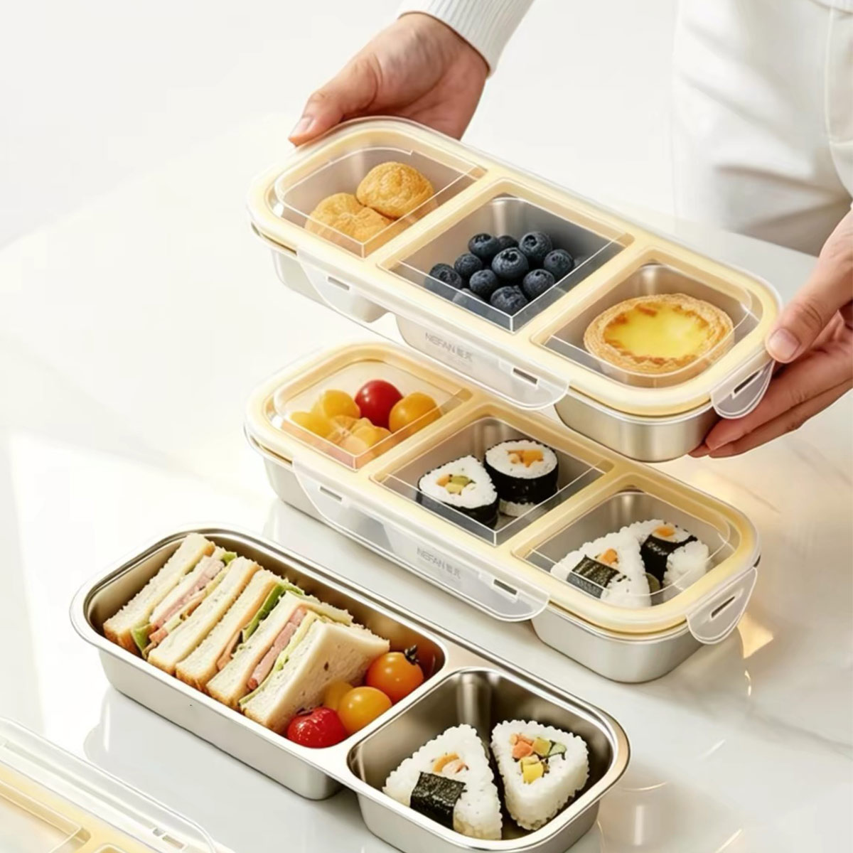 Food Storage Box Stainless Steel - ภาชนะเก็บอาหารสแตนเลสพร้อมฝาปิด, กล่องอาหารกลางวันแบบปิดสนิทเกรดอาหาร, ภาชนะใส่อาหารแบบสามช่อง