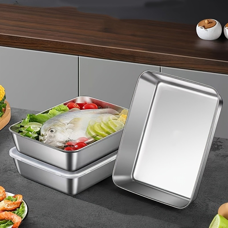 Food Storage Box Stainless Steel - 3/6 ชิ้น กล่องเก็บอาหารสแตนเลสทรงสี่เหลี่ยมพร้อมฝาปิด กล่องอาหารกลางวันแบบหนา จานสี่เหลี่ยม ถาดใส่อาหาร