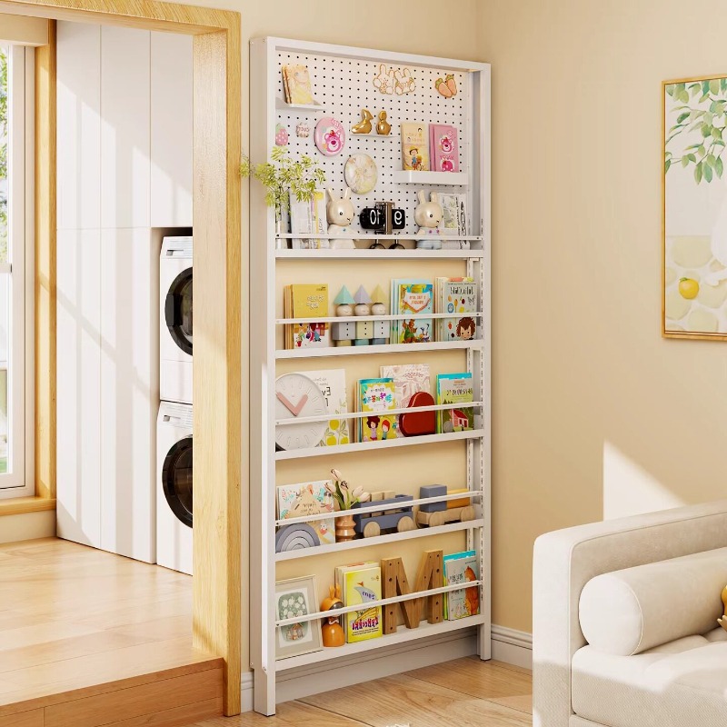 Food Storage Drawing - ชั้นวางหนังสือแบบติดผนังประตูทรงเพรียวบาง ทำจากเหล็ก พร้อมแผ่นเพ็กบอร์ดด้านหลังสำหรับเก็บหนังสือ ของเล่น และภาพวาด