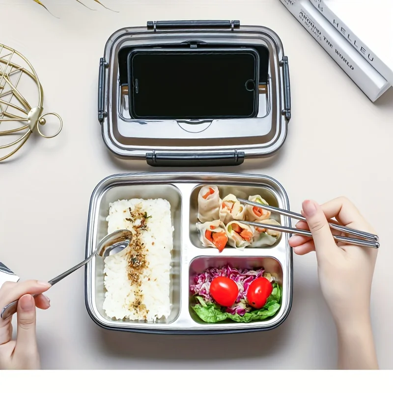 Food Storage Box Stainless Steel - กล่องอาหารเบนโตะทำความสะอาดง่ายสำหรับนักเรียนและพนักงานออฟฟิศ กล่องอาหารกลางวันสแตนเลสกันรั่วพร้อม 3 ช่องแบ่ง - ทนทาน