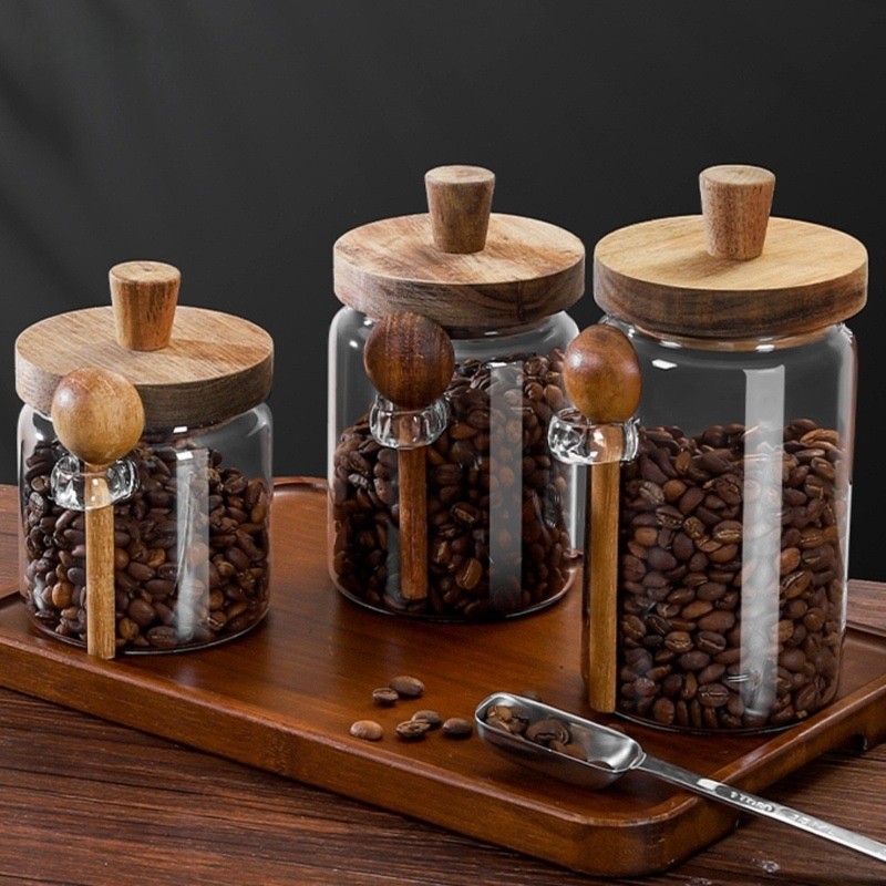 Food Storage Glass Container Set - ชุดโหลแก้ว ABJI พร้อมฝาไม้และช้อน ขนาด 13, 20