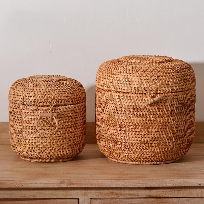 Food Storage Organization - กล่องเก็บชาหวายสานมือพร้อมฝาปิดถุงชา Puer แคดดี้กระป๋องใส่อาหารภาชนะบรรจุอาหารกังฟูทีเซ็ต
