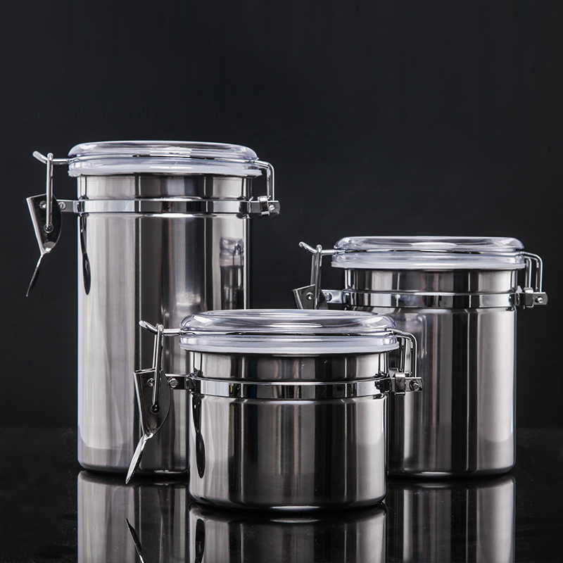 Food Storage Jars & Containers - กระปุกสแตนเลสสตีลแบบปิดสนิท พร้อมตัววัดความชื้น มีหลายขนาด สำหรับเก็บรักษาอาหาร เช่น เมล็ดกาแฟ