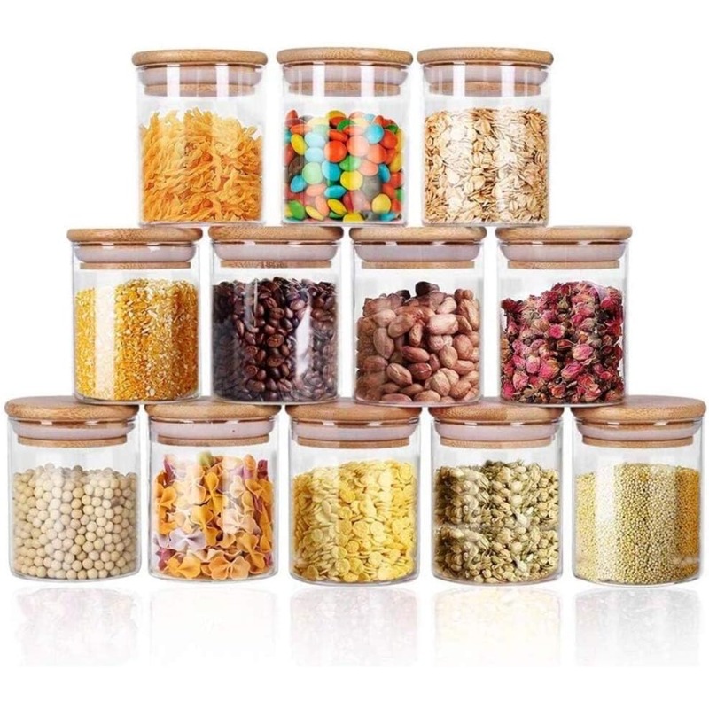 Food Storage Glass Container Set - ชุดขวดแก้ว 12 ใบ พร้อมฝาปิดไม้ไผ่แบบสุญญากาศและป้ายกำกับ สำหรับเก็บอาหาร ธัญพืช