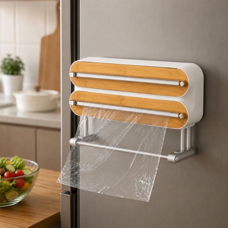 Food Storage Organization - ที่ตัดฟิล์มถนอมอาหารแบบแม่เหล็ก ที่เก็บฟิล์มถนอมอาหารติดผนัง ตู้เย็น อุปกรณ์จัดระเบียบครัว กล่องเก็บของ ฟอยล์อลูมิเนียม