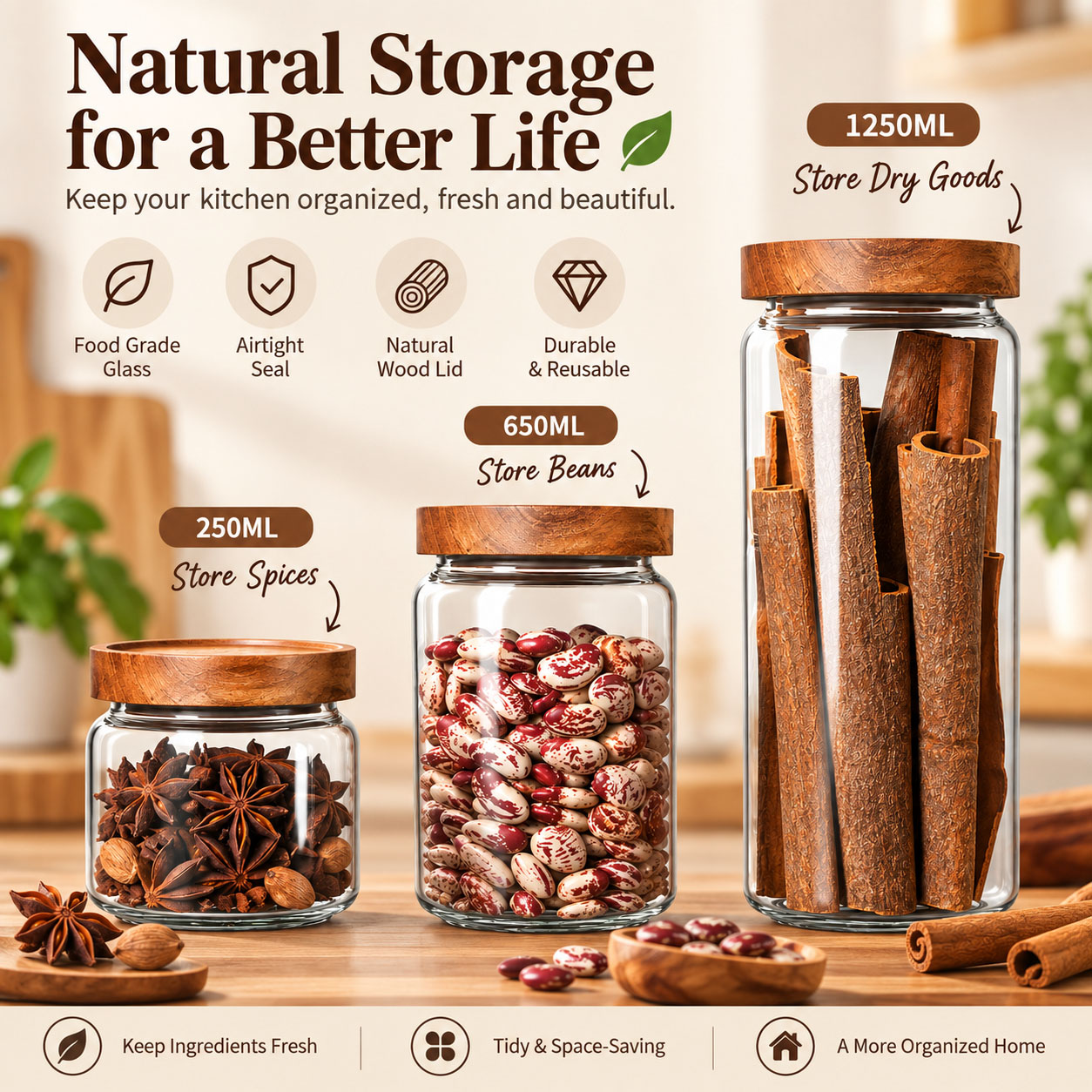 Food Storage Glass Container Set - 1 ชิ้น ชุดขวดแก้วเก็บอาหารพร้อมฝาไม้ ปิดสนิท ป้องกันอากาศเข้า สำหรับจัดเก็บในครัว