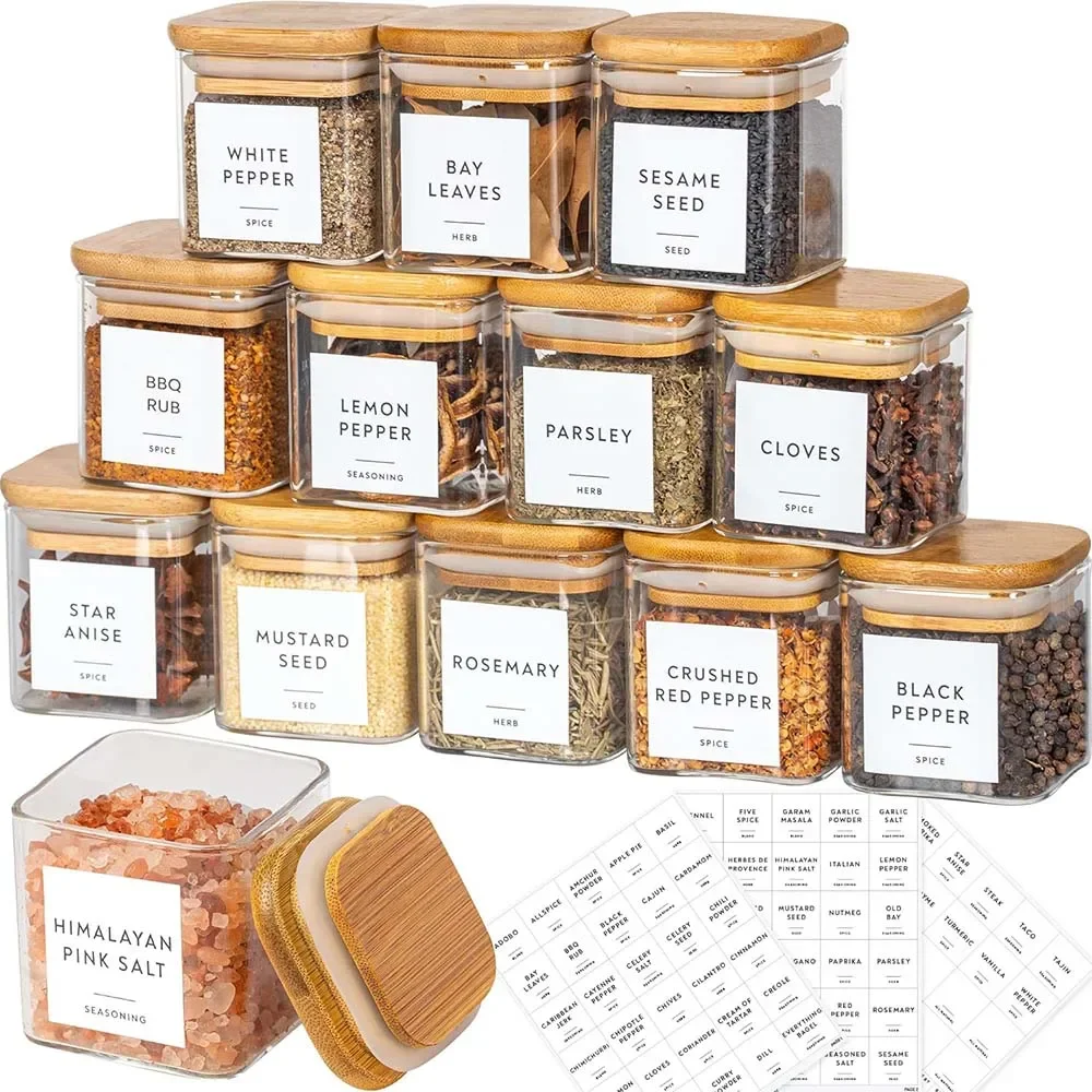 Food Storage Glass Container Set - ชุดโหลแก้วสี่เหลี่ยมสำหรับใส่เครื่องเทศ ขนาด 5 ออนซ์ พร้อมฝาไม้ไผ่/สติกเกอร์ติดฉลาก, ภาชนะสำหรับเก็บอาหาร,
