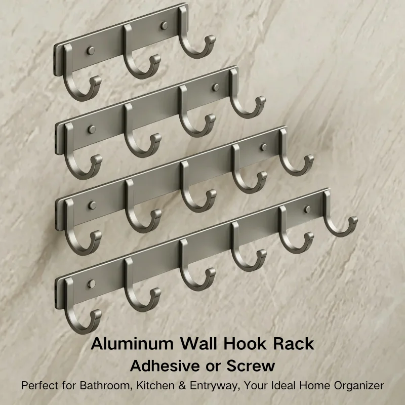 Food Storage For Room - ตะขอแขวนติดผนังอะลูมิเนียม – ติดตั้งแบบไม่ต้องเจาะ/ยึดด้วยสกรู สีเทา 3-6 ตะขอ