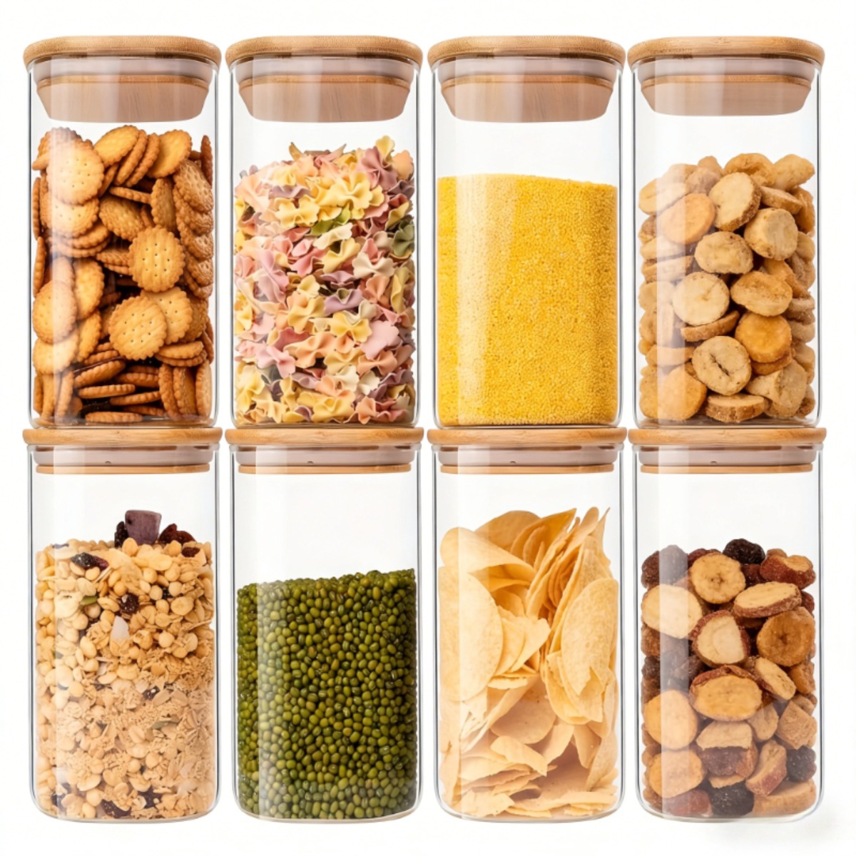 Food Storage Glass Container Set - ชุดกล่องเก็บอาหารแก้วฝาปิดสนิท ชุดจัดระเบียบครัว ชุดจัดระเบียบตู้กับข้าว ฝาไม้ไผ่ ชุดโหลเก็บอาหารแห้ง