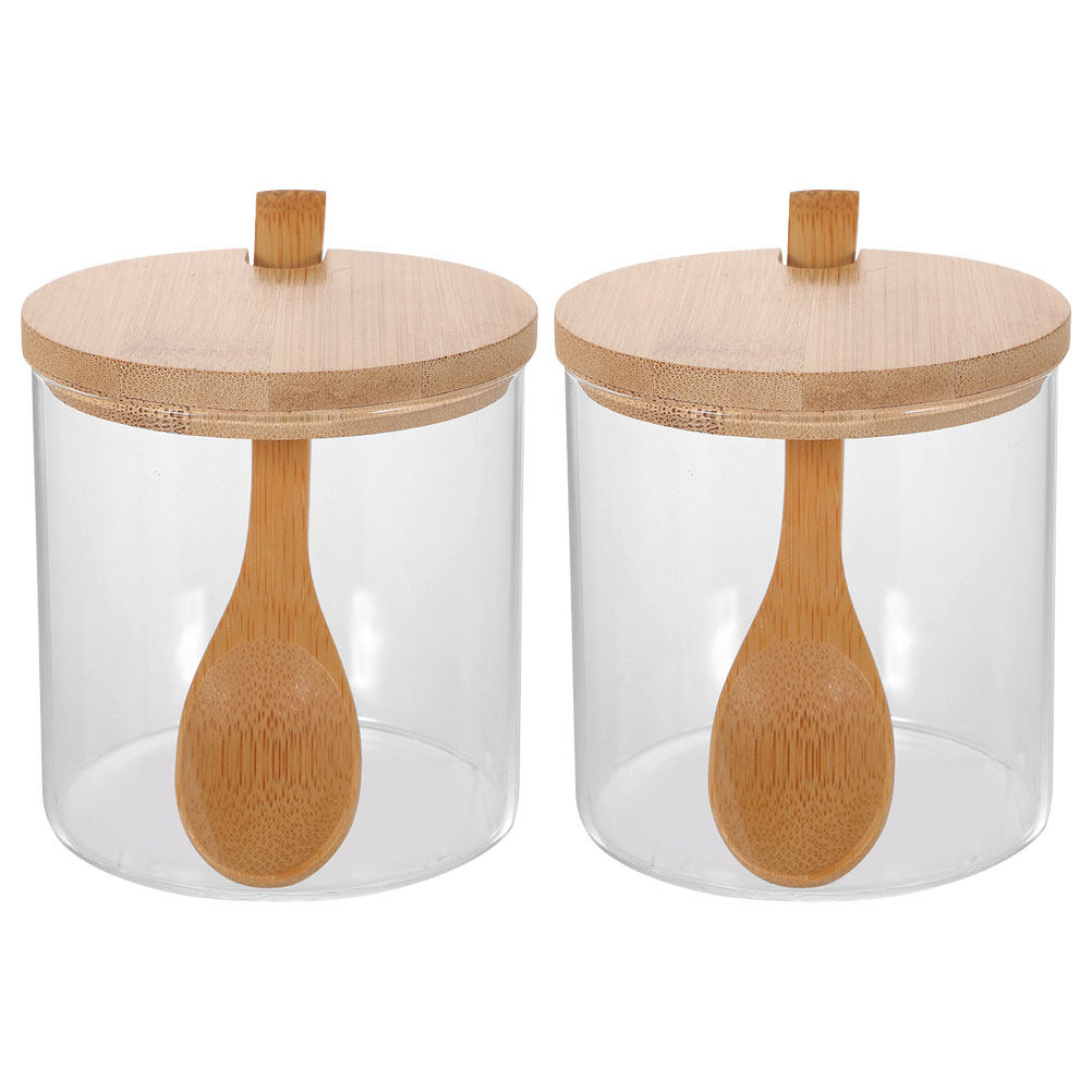 Food Storage Jars & Containers - ชุดภาชนะแก้วใสสำหรับใส่เครื่องปรุง 2 ชุด พร้อมฝาไม้ไผ่และช้อน ภาชนะเก็บเกลือ น้ำตาล